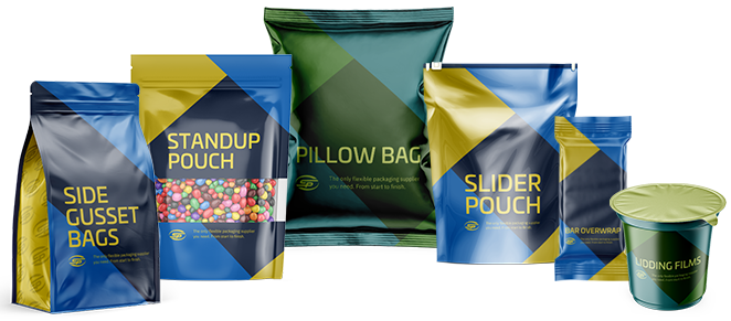 Side gusset pouch, stand-up pouch with candy, pillow bag, slider pouch, bar overwrap, and lidding film for confectionery products.