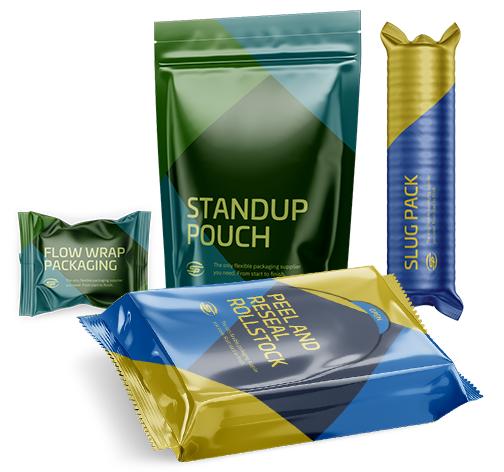 Stand-up pouch, reclose package, slug pack, and flow wrapper