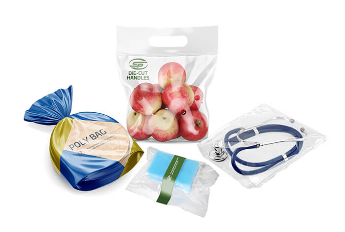 tortilla poly bag, die-cut handle bag, poly bag for cleaning pads, medical bag